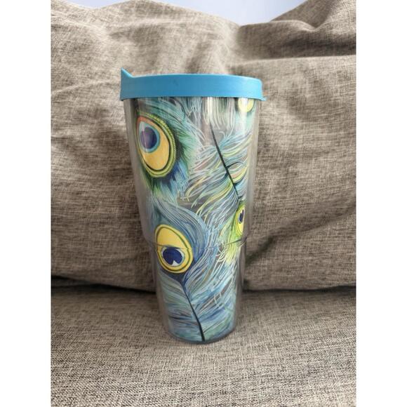 Tervis Tumbler 24oz Peacock Feather Design Plastic Tumbler Blue Lid - Picture 3 of 7
